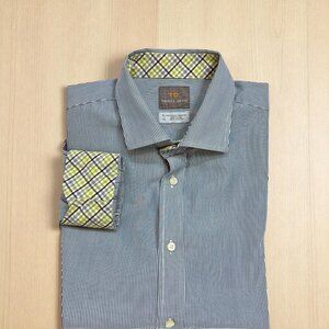 Thomas Dean Blue White Thin Stripe Pima Cotton‎ Flip Cuff LS Shirt